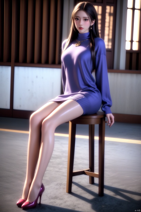 1girl,solo,perfect face,look at viewer,sitting,
realistic,large breasts,see-through,sweater,grey dress,purple dress,long sleeves,web address,pantyhose,Red highheels,
masterpiece,best quality,highly detailed,fine_fabric_emphasis,((glossy)),