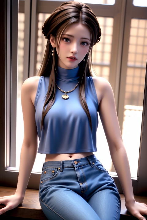1girl,solo,perfect face,look at viewer,sitting,
bangs,brown hair,grey eyes,
lips,jewelry,necklace,bare shoulders,sleeveless,turtleneck,shirt,large breasts,bralines,covered navel,denim,jeans,blue pants,tight,pantylines,thigh gap,
masterpiece,best quality,highly detailed,