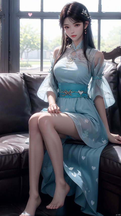  1girl, solo, long hair, couch, barefoot, hair ornament, short sleeves, sitting, looking at viewer, bangs, on couch, very long hair, indoors, closed mouth, heart print, brown eyes, heart, hairclip, apron, puffy sleeves, collarbone, blush, blue skirt, brown hair, blue dress, puffy short sleeves, see-through, shirt, skirt, plant, sparkle, dress, full body, see-through sleeves, nai3,knees_together_feet_apart,holding_hair