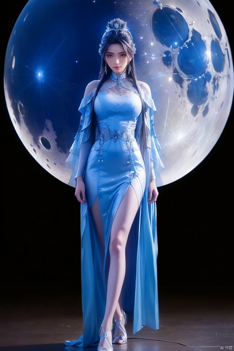  1girl, solo, long hair, looking at viewer, blue eyes, brown hair, black hair, hair ornament, dress, (full body:1.4), sky, high heels, bare legs,night, blue dress, moon, night sky,((poakl)),long hair,brown hair,hair ornament,white dress,jewelry,earrings,upper body,chinese clothes,looking at viewer,long sleeves,expressionless,closed mouth, LXQ