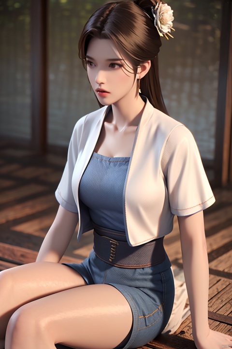  1girl,solo,long hair,brown hair,hair ornament,(Denim short pants:1.4),brown eyes,jewelry,earrings,wide sleeves,sash,chinese clothes,realistic,hanfu,((poakl)),(Waist shot:1.4),sujieyu,Sitting,(White vest:1.5),bare arms,Short sleeve, T shirt