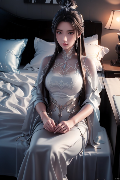  1girl, solo,LXQ, ((poakl)),Look at the lens, the mid-view, Indoor, bed, pillow, sitting on bed,White dress,