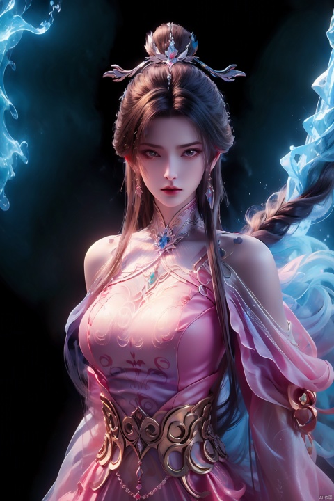  1girl,Bangs, off shoulder, colorful_hair, ((colorful hair)),golden dress, yellow eyes, chest, necklace, pink dress, earrings, floating hair, jewelry, sleeveless, very long hair,Looking at the observer, parted lips, pierced,energy,electricity,magic,tifa,sssr,blonde hair,jujingyi, wangyushan, dofas, forehead mark, (\yan yu\),LXQ,