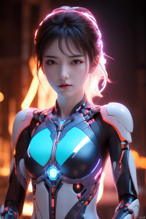  1girl,glowing,cyborg, energy,evening,fire,magic,Neon lights, blurry background, xuxin, hanyouniang, XXE