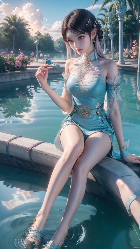 (masterpiece, best quality, high resolution, absurdres, intricate details:1.3),illustration,lens perspective,feminine,hyper detailed,ultra detailed,small details,trending on artstation,award-winning,good anatomy,
(kawaii cute detailed school 1girl sitting on edge of poolside, kicking water:1.3),(from below, full body, close up:1.25),(girl close to water surface, girl sitting on white pool corner edge:1.2),
(pure clear water drops flying in air:1.4),(splashing water, clear water:1.2),underwater,(lively atmosphere, lively crowd:1.7),volumetric lighting,(high contrast),white pool tiles,
(detailed glowing light blue eyes, heart-shaped pupils),(long shining light pink hair blowing in wind:1.3),[(delicate fingers and hands)]:0.95,(detailed fingers),(large breasts:1.3),barefoot,
(sunny summer sky background, cumulonimbus:1.25),contrail,palm trees,vivid color,(glitters),light particles, feet