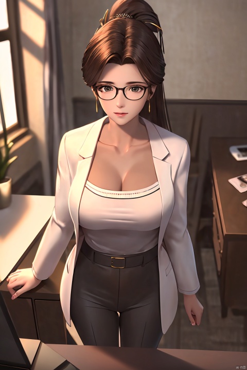  (female): solo, (perfect face), (detailed outfit), (20 years old), beautiful female,content, calm, (crossed legs), auburn hair, long hair, ponytail hair, green eyes, (dark skin), Big Boobs, (light blue business shirt, white coat), (grey business pants), (glasses), (hairpin), (necklace), (wristwatch),(Cleavage),sujieyu,

(background): from above, indoor, office, desks, computers, windows, office supplies, afternoon, clear,

(effects): (masterpiece), (best quality), (sharp focus), (depth of field), (high res), more_details:-1, more_details:0, more_details:0.5, more_details:1, more_details:1.5, tan, dark skin, more_details:-1, more_details:0, more_details:0.5, more_details:1, more_details:1.5, tan, dark skin, 1girl