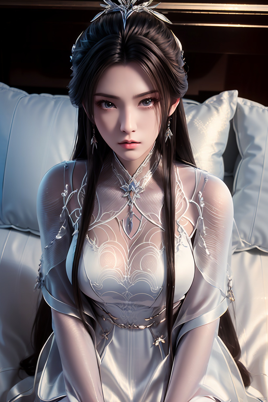  1girl, solo,LXQ, ((poakl)),Look at the lens, the mid-view, Indoor, bed, pillow,Close-up,White dress,Chest shot,Looking at the audience,
