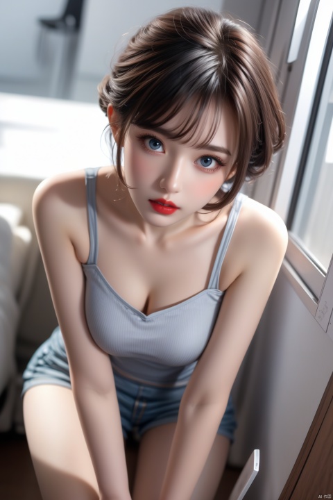 1girl, solo, breasts, looking at viewer, short hair, bangs, blue eyes, bare shoulders, closed mouth, collarbone, Above knee, parted lips, lips, makeup, realistic, red lips,indoors, offices,Look at the camera,Regular face