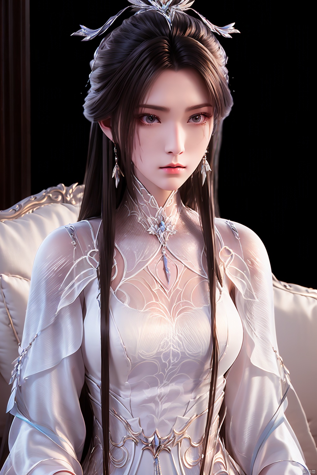  1girl, solo,LXQ, ((poakl)),Look at the lens, the mid-view, Indoor, bed, pillow,Close-up,White dress,Chest shot,Looking at the audience,