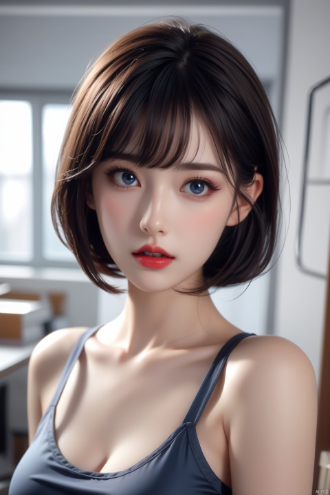 1girl, solo, breasts, looking at viewer, short hair, bangs, blue eyes, bare shoulders, closed mouth, collarbone, upper body, parted lips, lips, makeup, realistic, red lips,indoors, offices,Look at the camera,Regular face