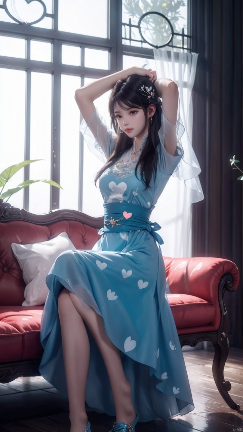  1girl, solo, long hair, couch, barefoot, hair ornament, arms up, short sleeves, sitting, looking at viewer, bangs, on couch, very long hair, indoors, closed mouth, heart print, brown eyes, heart, hairclip, apron, puffy sleeves, collarbone, blush, blue skirt, brown hair, blue dress, puffy short sleeves, see-through, shirt, skirt, plant, sparkle, dress, full body, see-through sleeves, nai3