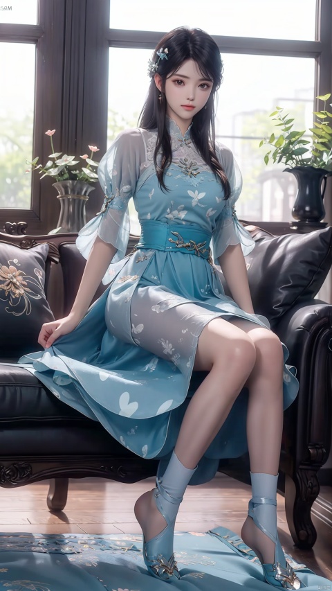  1girl, solo, long hair, couch, barefoot, hair ornament, short sleeves, sitting, looking at viewer, bangs, on couch, very long hair, indoors, closed mouth, heart print, brown eyes, heart, hairclip, apron, puffy sleeves, collarbone, blush, blue skirt, brown hair, blue dress, puffy short sleeves, see-through, shirt, skirt, plant, sparkle, dress, full body, see-through sleeves, nai3,knees_together_feet_apart