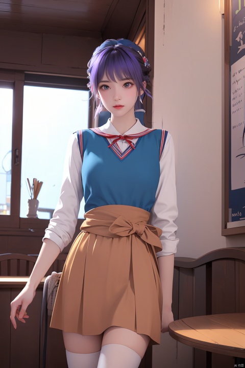  A beautiful girl with purple hair and light brown eyes, her hair flowing in a mesmerizing manner. She has a cute face with the best quality features, showcasing her beautiful eyes and good anatomy. She is dressed in blue sailor suits with blue skirts, revealing zettai ryoiki. A red ribbon adorns her hair. The scene is set in a cozy restaurant, with a table in the center. The windows provide a glimpse of the outside world., hanyouniang
