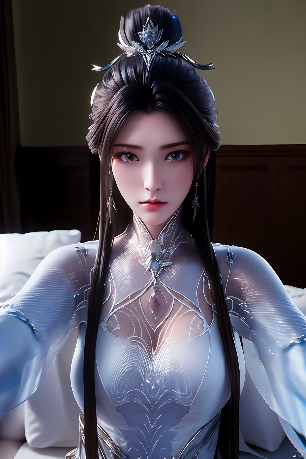  1girl, solo,LXQ, ((poakl)),Look at the lens, the mid-view, Indoor, bed, pillow,Close-up,White dress,Chest shot,Looking at the audience,