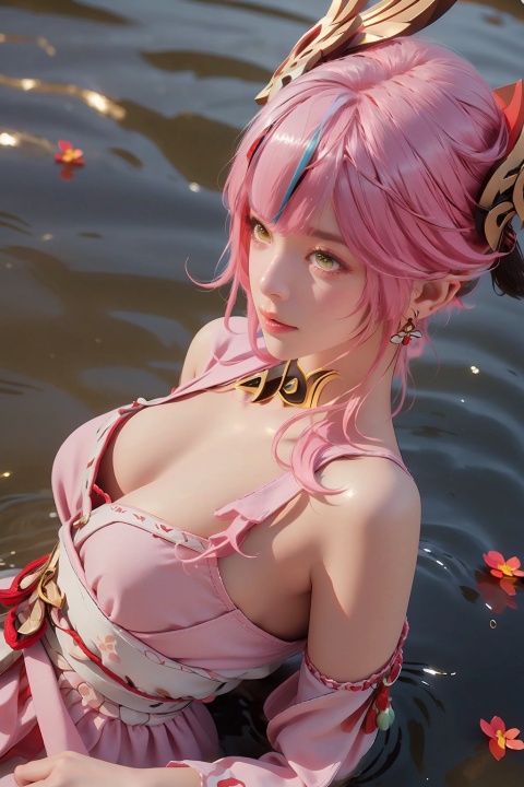  1girl,Pink hair, pink dress,hair between eyes,water,long hair,From above,Floating,standing on liquid,wading,bangs,bare shoulders,partially submerged,lying,walking on liquid, tassels, 1girl, pink hair, right mask, solo, green eyes, looking at viewer, mask on head, smile, japanese clothes, bangs, bare shoulders, hair ornament, breasts, yellow eyes, multicolored hair, flower, closed mouth,lanXF,

(masterpiece:1.2), best quality, masterpiece, highres, original,ultra-detailed, illustration,extremely detailed wallpaper, perfect lighting,(extremely detailed CG:1.2), drawing, paintbrush,
