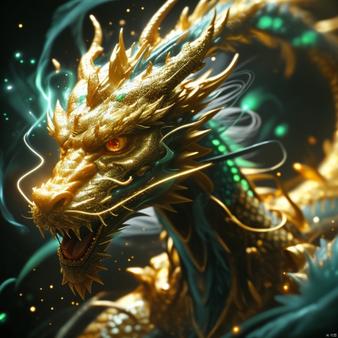  Ultra-detail metallochrome Chinese dragon,Glowing eyes, golden dragon horn, particle special effects,Face the camera and shine your eyes.
