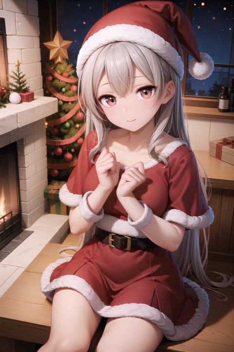  1girl,Christmas Day, 1 girl,Fireplace, Christmas tree, 1 girl,Christmas hat, Christmas,Cute,loli,White hair,