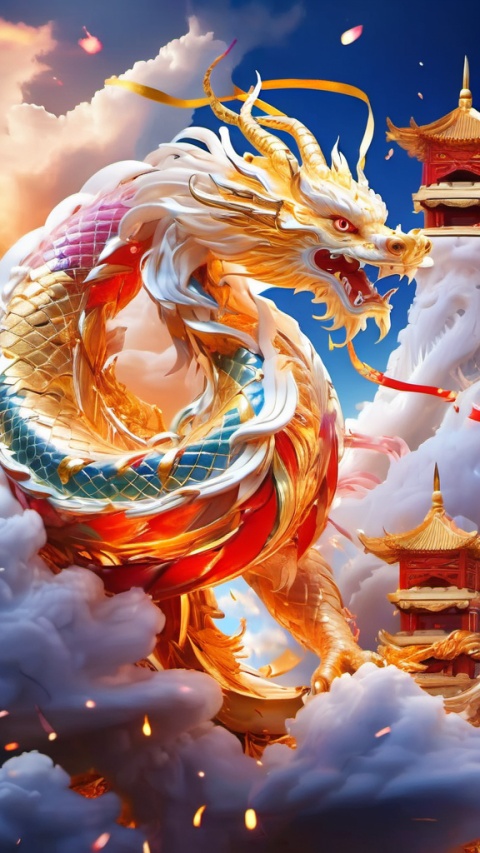  Sky, （Chinese dragon), eight legs, claws, golden pupils, auspicious clouds, broken gold, colorful scales, meteors, red streamers, high-definition, delicate, panoramic,8k
