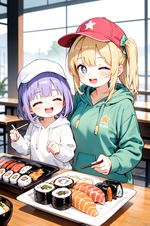  2girls,:d,^ ^,baseball cap,black hat,blonde hair,blue eyes,blue hoodie,booth seating,bow,child,chopsticks,closed eyes,conveyor belt sushi,cup,food,green tea,hair bow,hat,hood,hoodie,long hair,mother's day,mother and daughter,multiple girls,one side up,open mouth,pink eyes,pink hoodie,plate,purple hair,restaurant,short hair,smile,soy sauce,soy sauce bottle,star-shaped pupils,star (symbol),steepled fingers,sushi,symbol-shaped pupils,tea,white hoodie, Parents and children