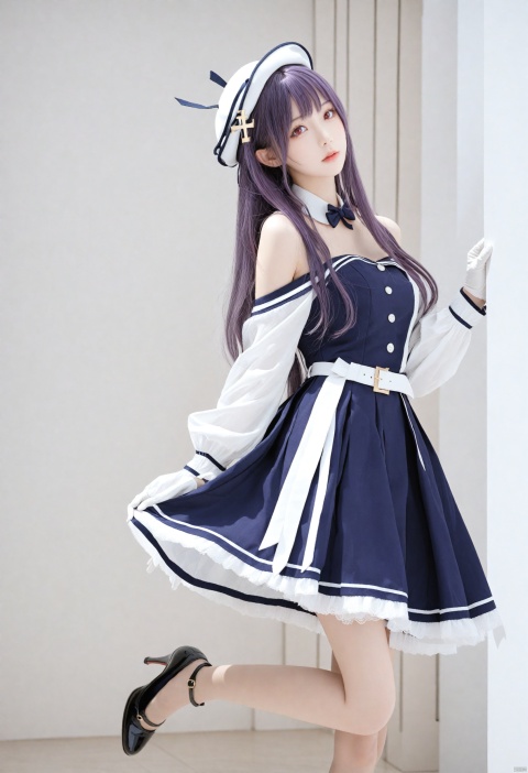  masterpiece, best quality, 1girl, solo, looking at viewer, long hair, hat, gloves, purple hair, looking at viewer, white headwear, red eyes, white gloves, skirt, long sleeves, belt, hair ornament, bare shoulders, black footwear, off shoulder, Mary Janes, high heels, bangs, close to face, slender ankles, standing, cross legs, BREAK, fine fabric emphasis, best quality, amazing quality, very aesthetic, absurdres, best quality, amazing quality, very aesthetic, absurdres, Highly detailed, best quality, masterpiece, Highly detailed,