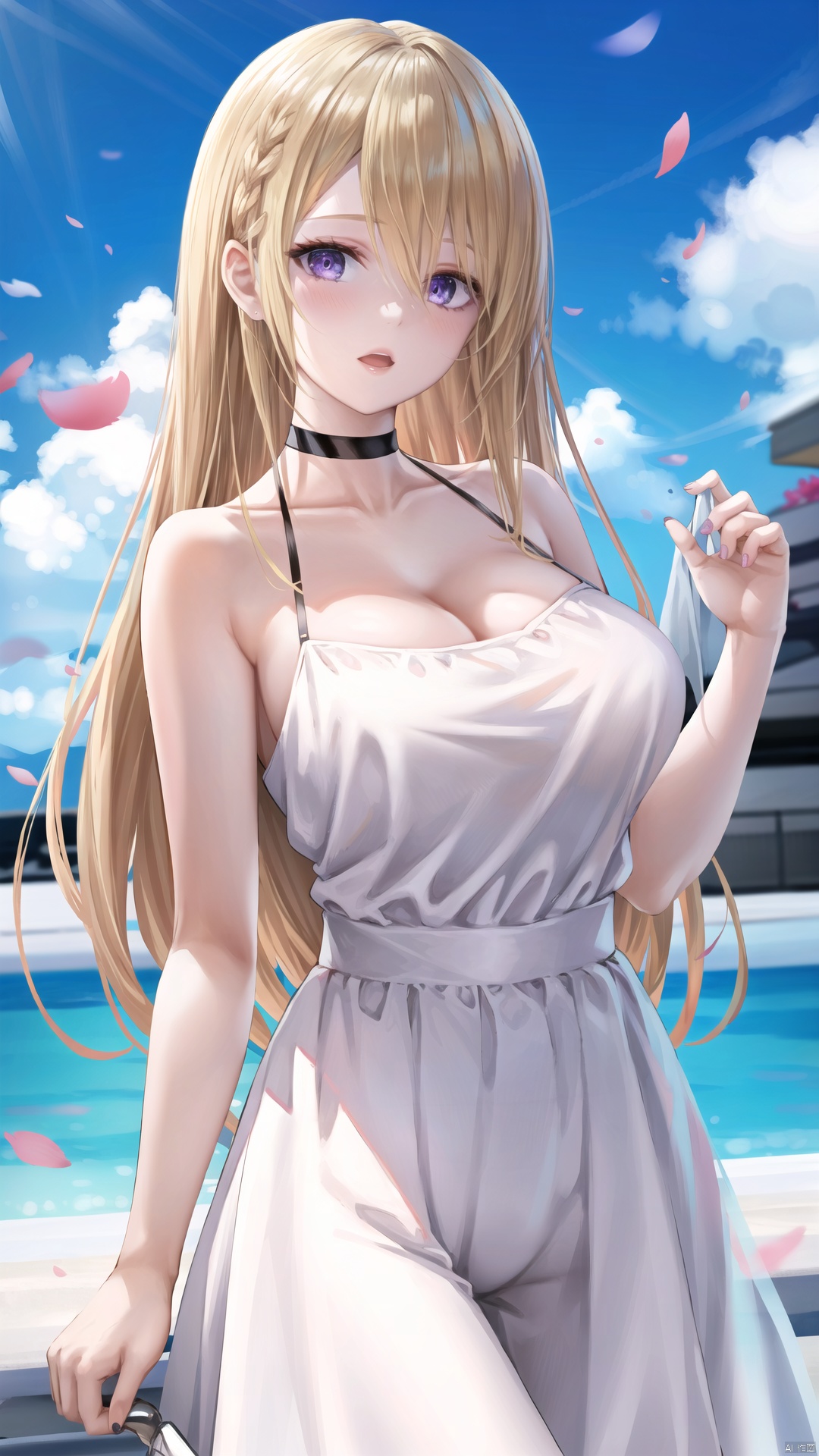 1girl, solo, long hair, dress, white dress, looking at viewer, blonde hair, choker, breasts, sky, bangs, very long hair, cowboy shot, bare shoulders, blue sky, petals, hair between eyes, collarbone, standing, cloud, black choker, purple eyes, medium breasts, outdoors, day, 
//BREAK,
fine fabric emphasis, best quality, amazing quality, very aesthetic, absurdres, Highly detailed, best quality, masterpiece