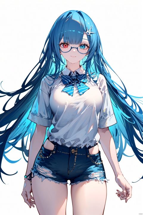  white background, looking at viewer, 
1girl, tender sister. 
long hair, gradient hair, disheveled hair, (heterochromia<(red eye, blue eye)>), 

hair ornament, short shorts, white shirt, shirt, braid, feather hair ornament, blue bowtie, thighs, long hair, 
standing, looking at viewer, smile, 
solo focus, cowboy shot, 
BREAK, 
official alternative costume, cosplay photo, virtual youtuber, film still, slim skinny, best female figure, perfect female body, photorealistic,
BREAK
maximalism.fine fabric emphasis, 
best quality, amazing quality, very aesthetic, absurdres,best quality, amazing quality, very aesthetic, absurdres, 
HDR, UHD, 8K, Highly detailed, best quality, masterpiece, realistic, Highly detailed, (EOS R8, 50mm, F1.2, 8K, RAW photo:1.2), ultra realistic 8k cg,