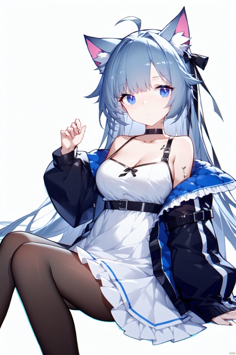 1girl, solo, pantyhose, hair ribbon, long hair, breasts, ribbon, blue eyes, looking at viewer, black pantyhose, animal ears, dress, open clothes, off shoulder, cleavage, sitting, ahoge, long sleeves, black ribbon, infection monitor (arknights), grey hair, bare shoulders, black jacket, cat ears, bangs, jacket, open jacket, collarbone, very long hair, medium breasts, frills, frilled dress, white background, white dress, sleeveless dress, 
