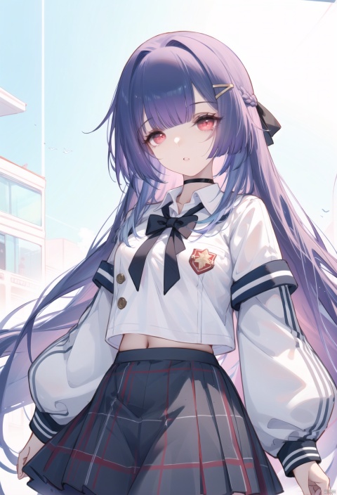  YingTan, 1girl,solo. purple hair, red eyes, hairclip, long hair, very long hair, white shirt, school uniform, pleated skirt, plaid skirt, cowboy shot, solo focus,