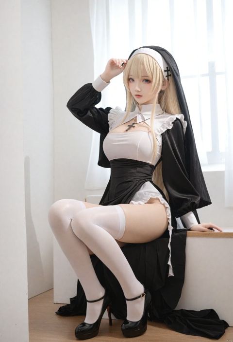 masterpiece, best quality, 1girl, solo, thighhighs, long hair, sitting, white thighhighs, jewelry, necklace, nun, blonde hair, dress, pelvic curtain, black footwear, cross, long sleeves, full body, high heels, cross necklace, breasts, habit, black dress, arm support, holding, curtains, frills, large breasts, thighs, veil, indoors, bangs, facing viewer, hand up, shoes, BREAK, fine fabric emphasis, best quality, amazing quality, very aesthetic, absurdres, best quality, amazing quality, very aesthetic, absurdres, Highly detailed, best quality, masterpiece, Highly detailed,