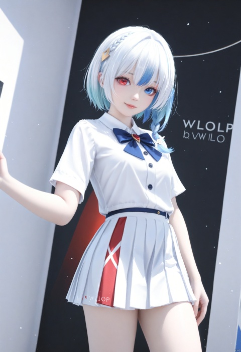  1girl, solo, gradient hair, multiple_colored hair, heterochromia<(red eye,blue eye)>), short hair, white skirt, hair ornament, short skirt, white shirt, pleated skirt, braid, blue bowtie, looking at viewer, close up, standing, smile, cowboy shot, artist:wlop, realistic,