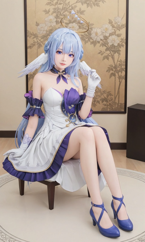  zgn,1girl,long hair,halo,blue eyes,gloves,bangs,white dress,bare shoulders,blue hair,large breasts,blue footwear,sitting,

slim skinny, best female figure, perfect female body,
best quality, amazing quality, very aesthetic, absurdres, Highly detailed, best quality, masterpiece, realistic, Highly detailed, anime, robinSR,