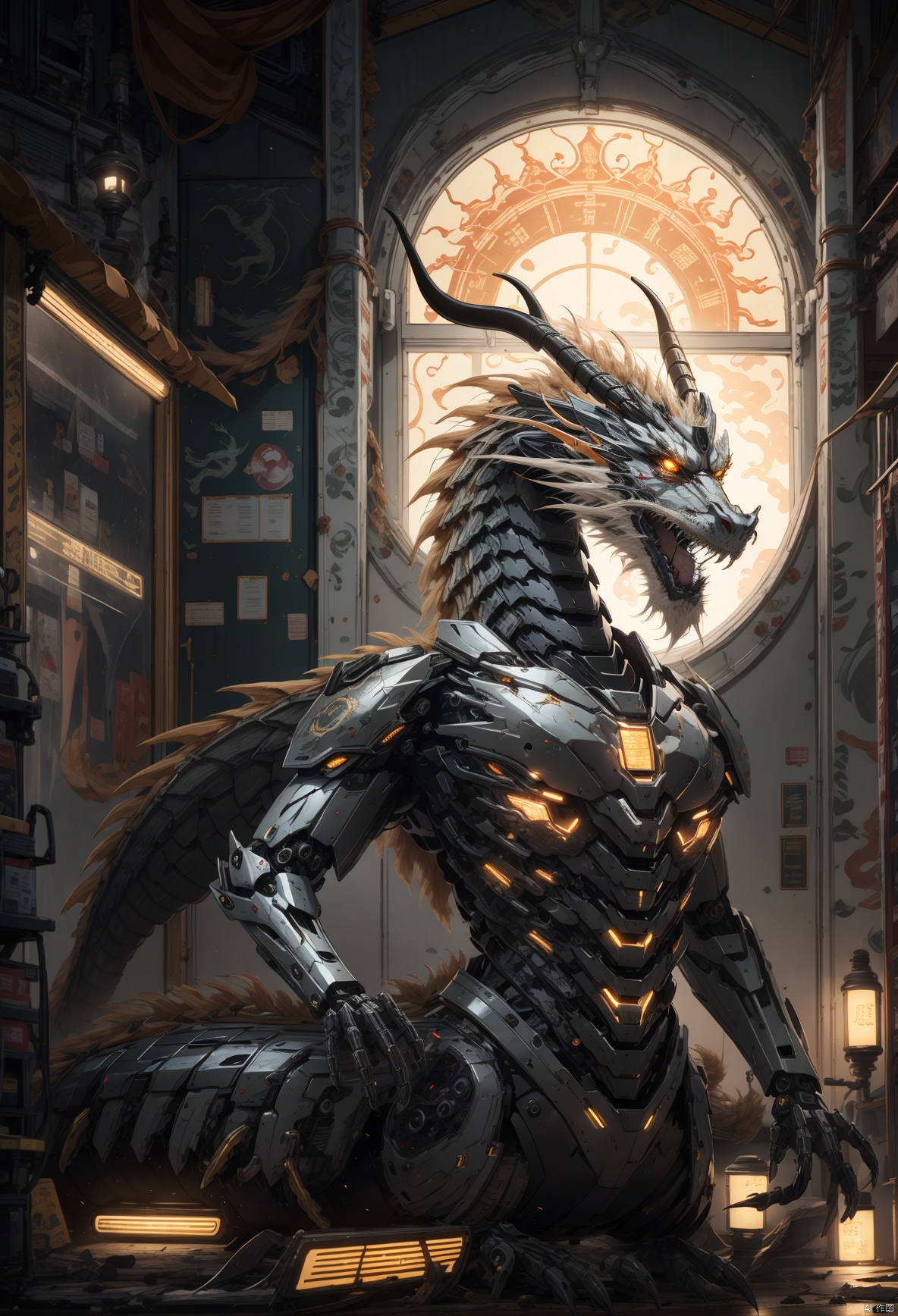 a mecha dragon,8k, High quality, high quality, glowing body, mechanical joint, orange led light, high detailed mecha, high-precision mecha, mecha, exoskeleton mechanical armor, mecha dragon, horns, growing joint, dragon, eastern dragon, jet device, high detailed, HD, black joint