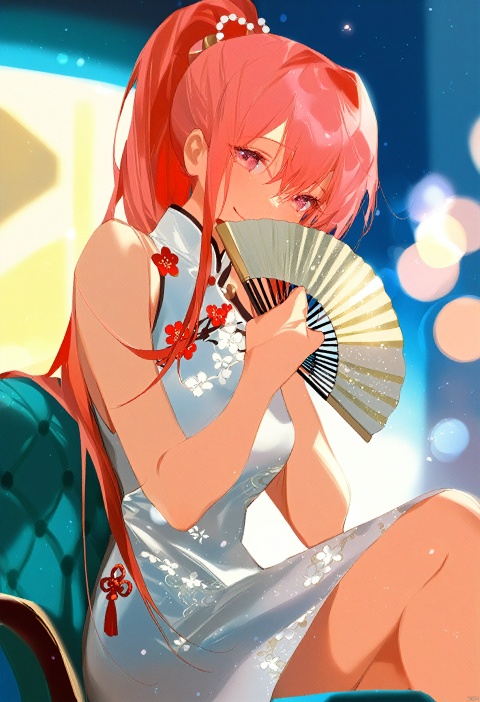  1girl, solo,pink hair, long hair, ponytail,long hair,shy, meaningful smile, white china dress, sleeveless dress, looking at viewer, half-open eyes, holding a fan, fan covering mouth, plum blossoms, sitting, bokeh, blurry background, close up, 
//BREAK,
fine fabric emphasis, maximalism, best quality, amazing quality, very aesthetic, absurdres, best quality, amazing quality, very aesthetic, absurdres, Highly detailed, best quality, masterpiece,
