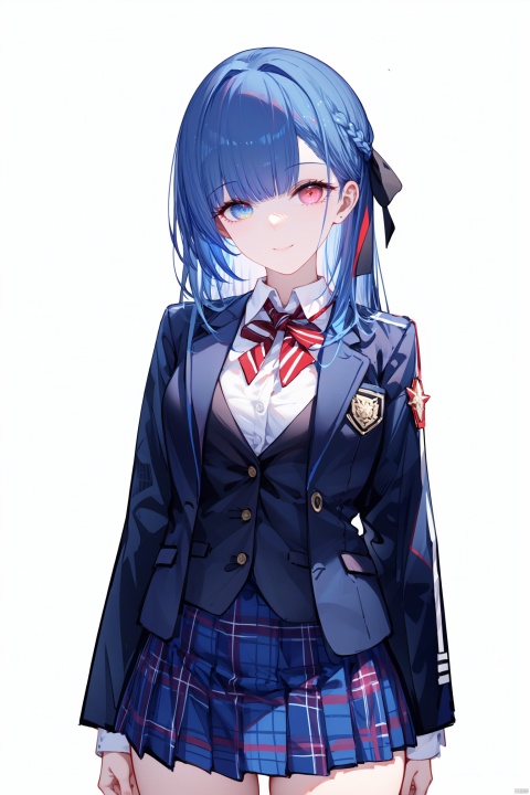 1girl, tender sister. 
long hair, gradient hair, pink hair, disheveled hair, (heterochromia<(red eye, blue eye)>), smile, white shirt, plaid skirt, pleated skirt, school uniform, (tailored suit, suit jacket, open clothes, open jacket), hair ribbon, miniskirt;
looking at viewer, standing, 
solo focus, cowboy shot, 
white background,
BREAK
maximalism.fine fabric emphasis, 
best quality, amazing quality, very aesthetic, absurdres,best quality, amazing quality, very aesthetic, absurdres, 
HDR, UHD, 8K, Highly detailed, best quality, masterpiece, realistic, Highly detailed, (EOS R8, 50mm, F1.2, 8K, RAW photo:1.2), ultra realistic 8k cg, YingTan, Aki Rinco,purple hair
