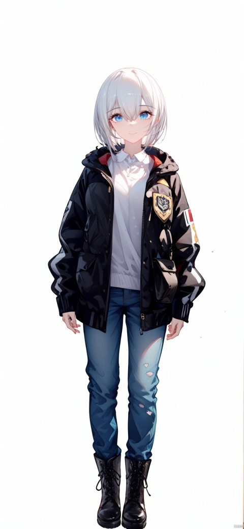  1girl, solo, standing, vtuber-fullbody, maximalism, fine fabric emphasis, long hair, looking at viewer, blue eyes, smile, jacket, bangs, shirt, collared shirt, closed mouth, hair between eyes, open clothes, white shirt, long sleeves, open jacket, white hair, white jacket, short-pants jean, short Martin boots
,BREAK,
white background,simple background,best quality, amazing quality, very aesthetic, absurdres, 
HDR, UHD, 8K, Highly detailed, best quality, masterpiece, realistic, Highly detailed, (EOS R8, 50mm, F1.2, 8K, RAW photo:1.2), ultra realistic 8k cg,