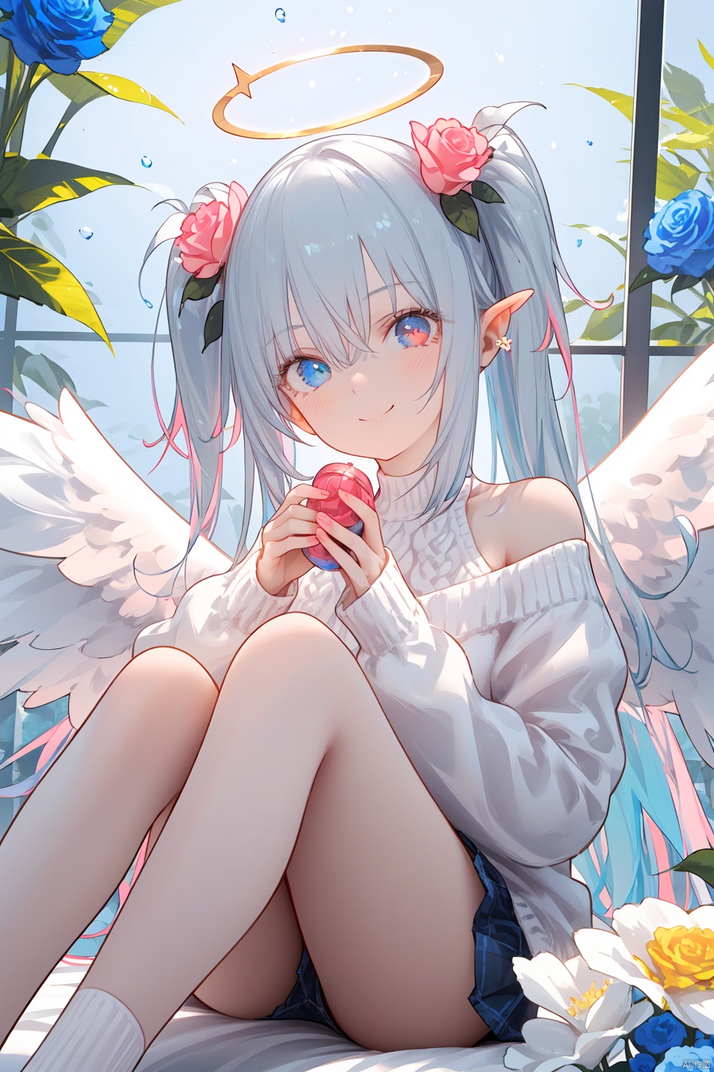 1girl, flower, wings, blue eyes, heterochromia, red eyes, smile, solo, long hair, two side up, white flower, closed mouth, feathered wings, hair flower, cage, blue flower, angel wings, rose, hair ornament, looking at viewer, bangs, bird, long sleeves, birdcage, pink flower, blush, white wings, hair between eyes, sitting, halo, angel, bare shoulders, sweater, dutch angle, knees up, puffy long sleeves, white rose, off shoulder, animal, puffy sleeves, very long hair, hands up, grey hair