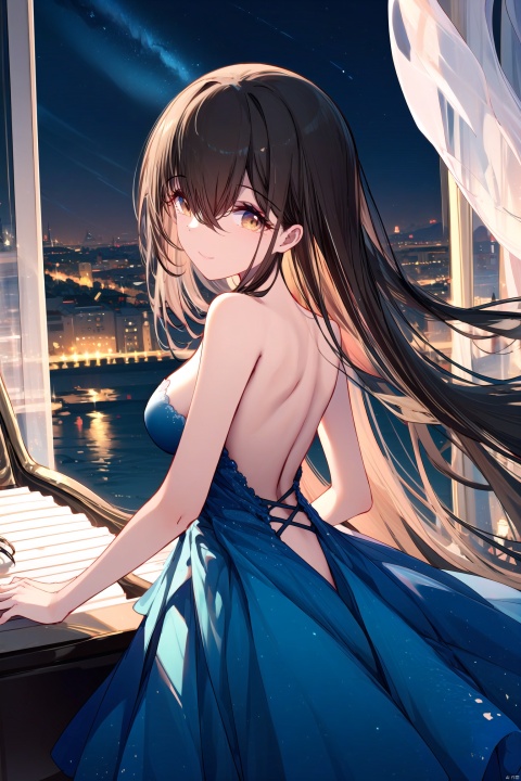  1girl, solo, long hair, breasts, looking at viewer, smile, bangs, brown hair, dress, hair between eyes, bare shoulders, brown eyes, medium breasts, very long hair, closed mouth, standing, sky, looking back, indoors, bare arms, window, strapless, night, floating hair, blue dress, curtains, star \(sky\), night sky, strapless dress, starry sky, backless outfit, backless dress, piano,