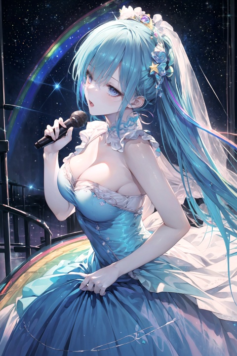 Masterpiece, high quality,(solo:1.2), ((1girl)), thin, sexy, (medium to large breasts :1.2), (tall body), high height, (Full Shot), High Angle, (on the opera stage :1.5), (lighting), (beveled dress :1.4), (musical Lolita style dress), (starry curtain), (starry dress, rainbow dress :1.5), (singing action :1.4)