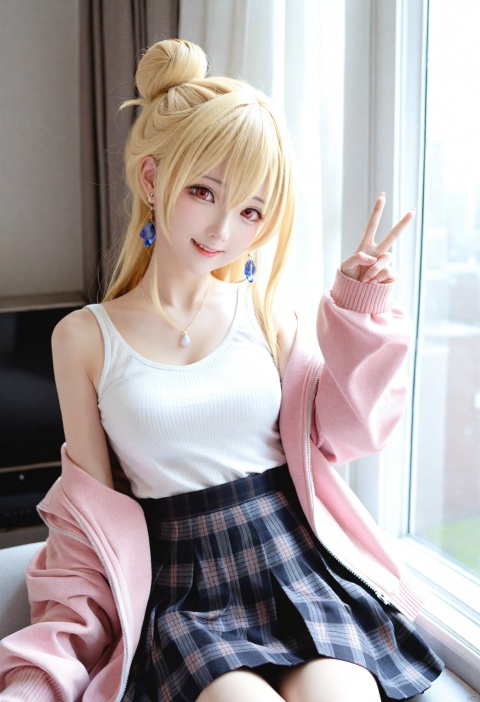 1girl, blonde hair, solo, smile, skirt, long hair, hair bun, jewelry, shirt, jacket, breasts, looking at viewer, bangs, white shirt, bow, v, sitting, off shoulder, plaid, red eyes, earrings, hair between eyes, sleeveless, black skirt, bare shoulders, long sleeves, pink jacket, curtains, open clothes, plaid skirt, medium breasts, BREAK, fine fabric emphasis, best quality, masterpiece, best quality, amazing quality, very aesthetic, absurdres, best quality, amazing quality, very aesthetic, absurdres, Highly detailed, best quality, masterpiece, Highly detailed,
