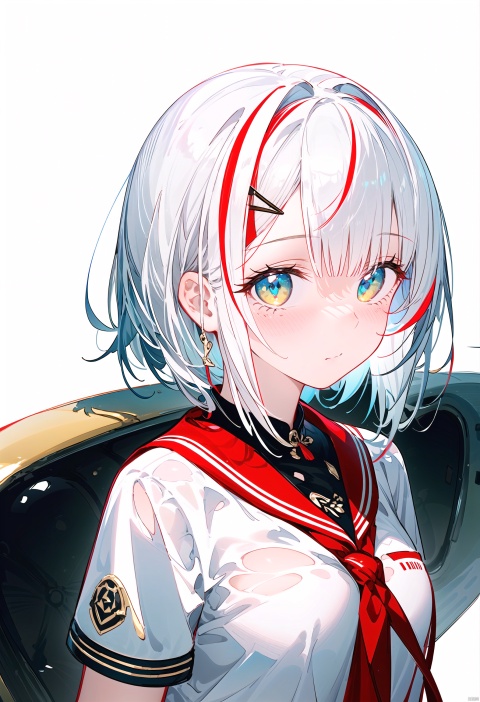  blunt bangs, masterpiece, best quality, best illustration, ultra-detailed, upper body, solo, 1 girl, looking at viewer, upright, arms at sides, beautiful detailed eyes, concept art, white background, simple background, (white hair:1.2),(red gradient hair:1.1), short sleeves, watercolor pencil, expressionless, blush, virtual youtuber, short hair, backlight, colors,
//
maximalism, fine fabric emphasis, best quality, amazing quality, very aesthetic, absurdres, Highly detailed, ltra realistic 8k cg,