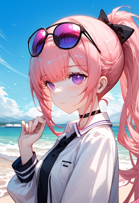 1girl, solo focus, high quality, best quality, detailed, from side, blush, purple eyes, pink eyes, eyebrows visible through hair, eyewear on head, long hair, pink hair, multicolored hair, bangs, ponytail, twintails, sunglasses, white shirt, collared shirt, open shirt,  jacket, long sleeves, choker,
