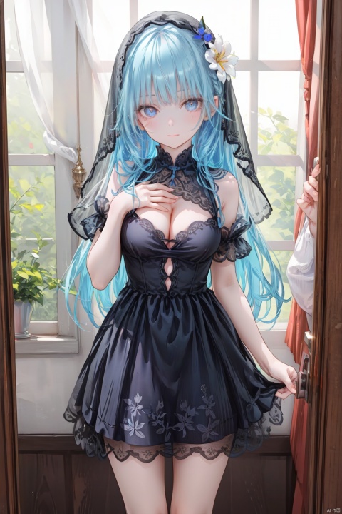 1girl, dress, solo, blue hair, black dress, flower, curtains, breasts, looking at viewer, hair ornament, standing, bangs, veil, long hair, hand on own chest, cleavage, clothing cutout