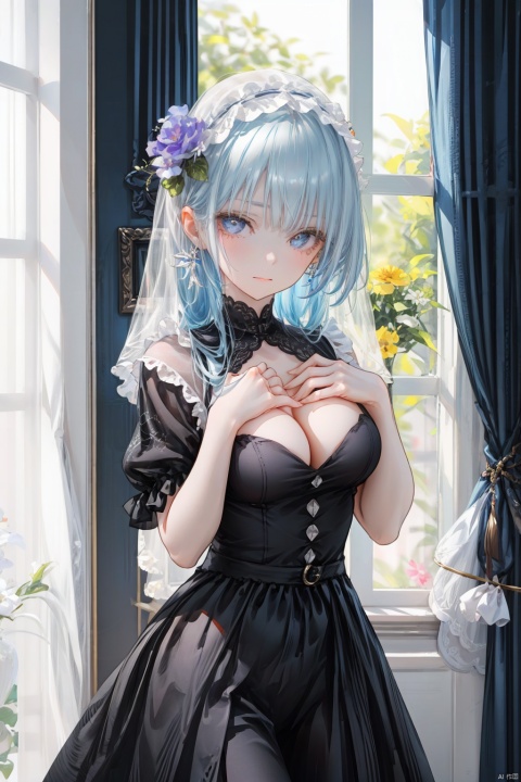 1girl, dress, solo, blue hair, black dress, flower, curtains, breasts, looking at viewer, hair ornament, standing, bangs, veil, long hair, hand on own chest, cleavage, clothing cutout