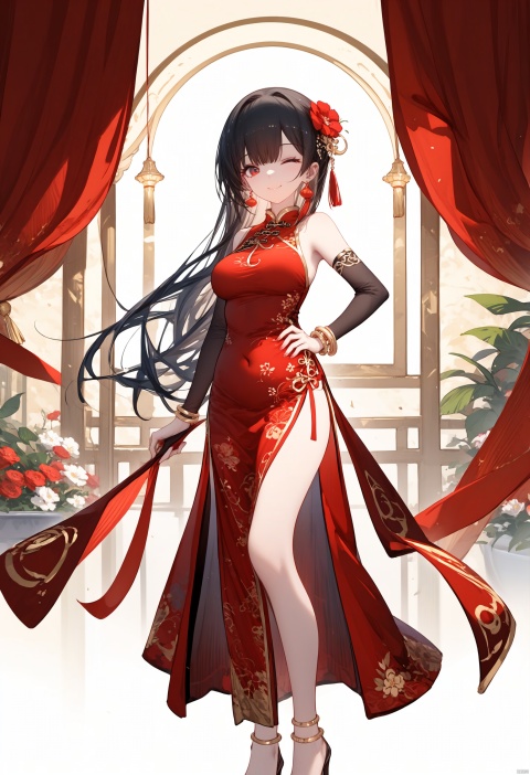 qipao, 1girl, one eye closed, long hair, solo, red dress, full body, china dress, white background, smile, looking at viewer, high heels, medium breasts, hair ornament, standing, hand on hip, jewelry, sleeveless dress, bracelet, closed mouth, single elbow glove, bare shoulders, anklet, ;), hair flower, side slit