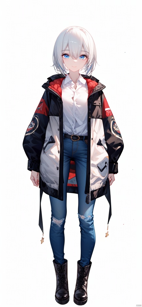  1girl, solo, standing, vtuber-fullbody, maximalism, fine fabric emphasis, long hair, looking at viewer, blue eyes, smile, jacket, bangs, shirt, collared shirt, closed mouth, hair between eyes, open clothes, white shirt, long sleeves, open jacket, white hair, white jacket, short-pants_jeans, short Martin boots
,BREAK,
(white background),simple background,best quality, amazing quality, very aesthetic, absurdres, 
HDR, UHD, 8K, Highly detailed, best quality, masterpiece, realistic, Highly detailed, (EOS R8, 50mm, F1.2, 8K, RAW photo:1.2), ultra realistic 8k cg,