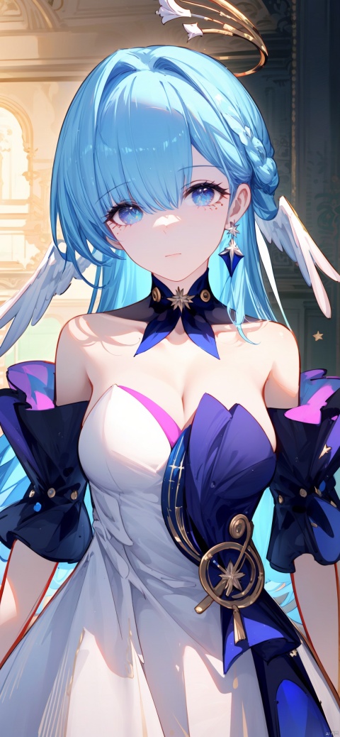 robin,1girl,(blue hair:1.2),bare shoulders,halo,white gloves,earrings,white dress,strapless dress,head wings,high quality,purple dress,detached sleeves,collarbone,(masterpiece,best quality,high quality:1.4),absurdres,

BREAK, maximalism.fine fabric emphasis, best quality, amazing quality, very aesthetic, absurdres, 
HDR, UHD, 8K, Highly detailed, best quality, masterpiece, realistic, Highly detailed, (EOS R8, 50mm, F1.2, 8K, RAW photo:1.2), ultra realistic 8k cg,