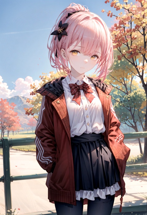 1petite loli, solo.pink hair, yellow eyes, hair flower, fipped hair, (red Jacket), high ponytail, white collared shirt, black dress, red bowtie;Frown, looking at viewer, hands in pockets, standing, cowboy shot, 