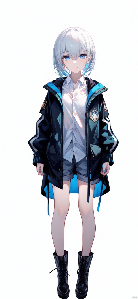 1girl, solo, standing, vtuber-fullbody, maximalism, fine fabric emphasis, long hair, looking at viewer, blue eyes, smile, jacket, bangs, shirt, collared shirt, closed mouth, hair between eyes, open clothes, white shirt, long sleeves, open jacket, white hair, white jacket, short pants, short Martin boots
,BREAK,
white background,simple background,best quality, amazing quality, very aesthetic, absurdres, 
HDR, UHD, 8K, Highly detailed, best quality, masterpiece, realistic, Highly detailed, (EOS R8, 50mm, F1.2, 8K, RAW photo:1.2), ultra realistic 8k cg,