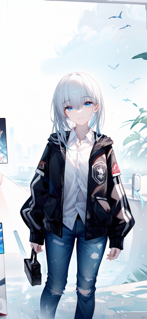 vtuber-fullbody, maximalism, fine fabric emphasis,1girl, solo, long hair, looking at viewer, blue eyes, smile, jacket, bangs, shirt, collared shirt, closed mouth, hair between eyes, open clothes, white shirt, long sleeves, open jacket, white hair, white jacket, short jean-pants
,BREAK,
white background,simple background,best quality, amazing quality, very aesthetic, absurdres, 
HDR, UHD, 8K, Highly detailed, best quality, masterpiece, realistic, Highly detailed, (EOS R8, 50mm, F1.2, 8K, RAW photo:1.2), ultra realistic 8k cg,