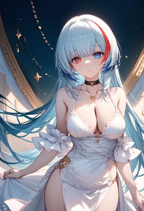  1girl, solo,multiple_colored hair,streaked hair,long_hair,highly detailed eyes,(heterochromia<(red eye,blue eye)>),albinism,bare_shoulders, blush, choker, cleavage, collarbone, halterneck, jewelry, large_breasts, light_particles, long_hair, looking_at_viewer, ring, (evening_gown), cowboy_shot, side_slit, sleeveless_dress, sleeveless, (closed_mouth).
\BREAK\
white background,HDR, UHD, 8K, Highly detailed, best quality, masterpiece, realistic, Highly detailed, (EOS R8, 50mm, F1.2, 8K, RAW photo:1.2), ultra realistic 8k cg., Hermes